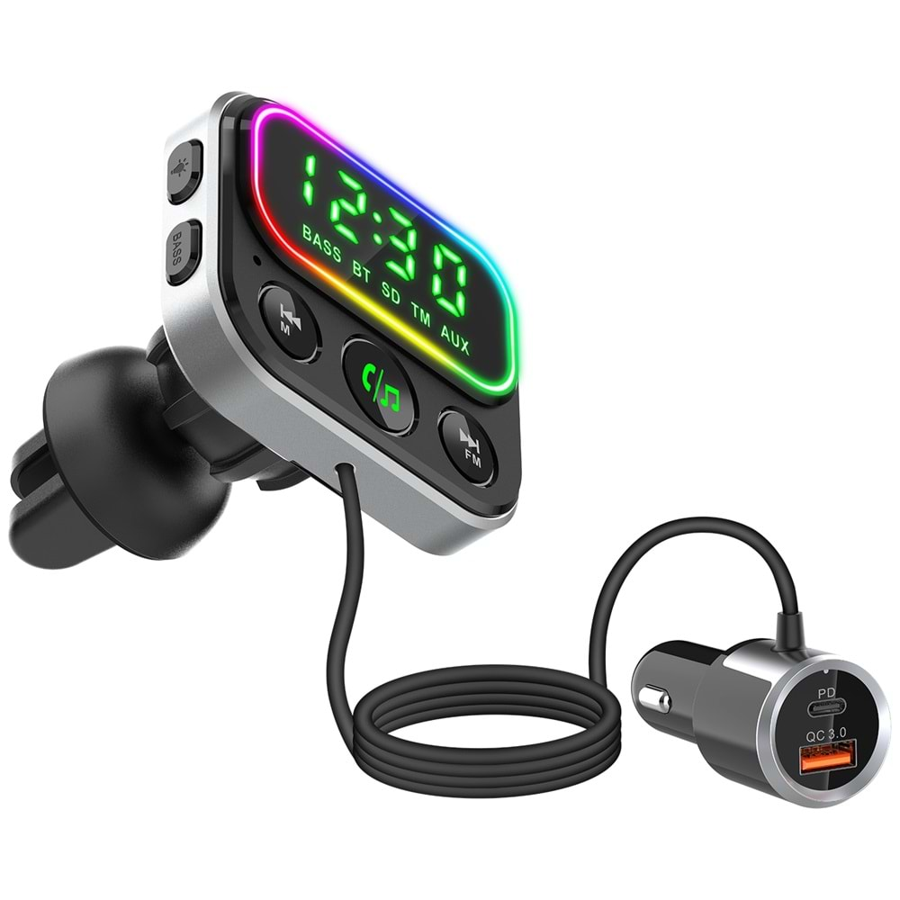 S-link SL-BT405 RGB Bluetooth V5.0 Geniş Led Ekran+TF Kart Çİft USB QC3.0 ve PD18W Hızlı Şarj FM Transmitter