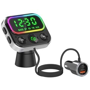 S-link SL-BT405 RGB Bluetooth V5.0 Geniş Led Ekran+TF Kart Çİft USB QC3.0 ve PD18W Hızlı Şarj FM Transmitter