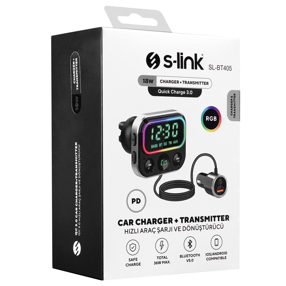 S-link SL-BT405 RGB Bluetooth V5.0 Geniş Led Ekran+TF Kart Çİft USB QC3.0 ve PD18W Hızlı Şarj FM Transmitter