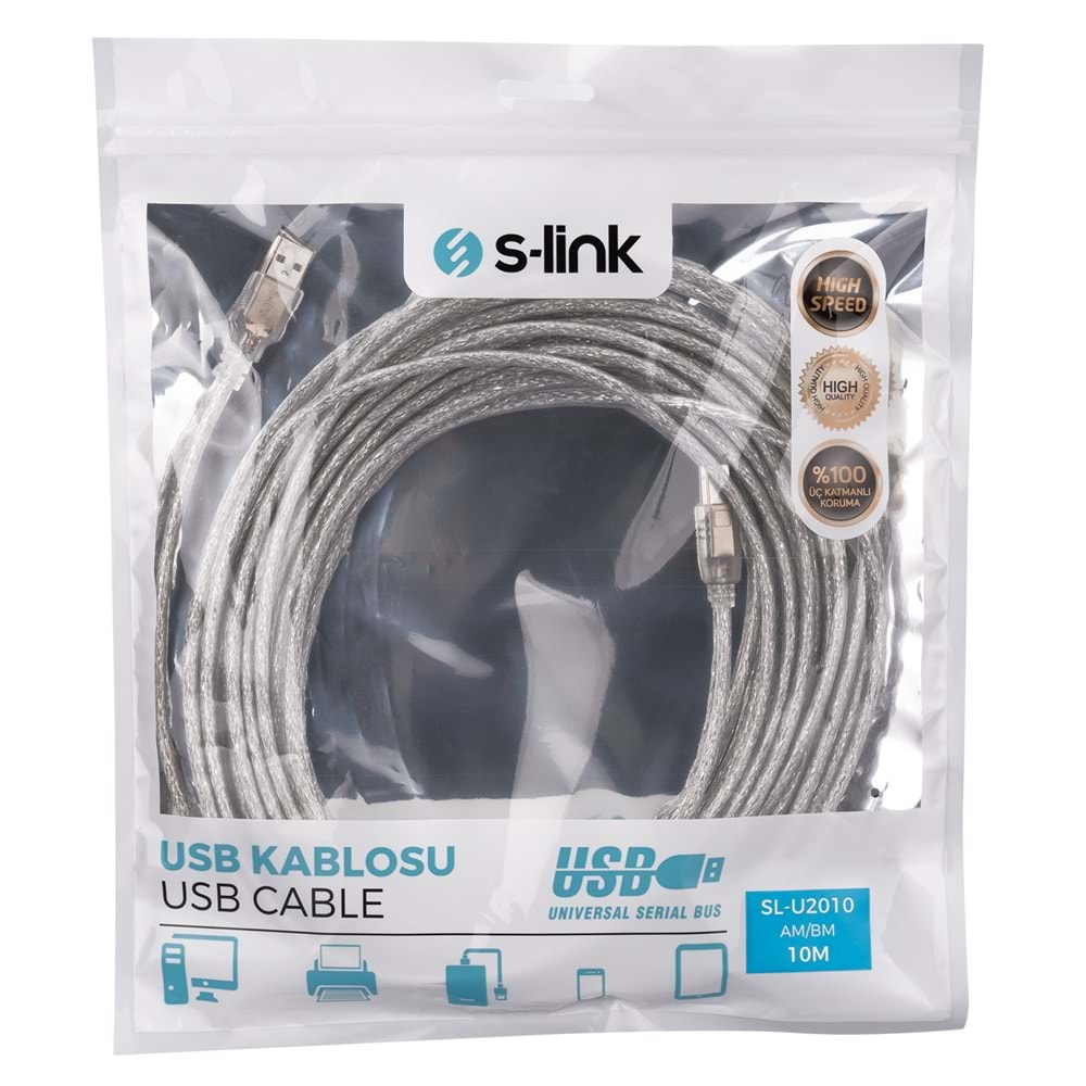 S-link SL-U2010 Usb2.0 10m Şeffaf Yazıcı Kablo