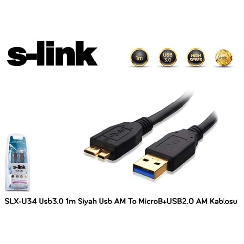 S-link SLX-U34 Usb3.0 1m Harici Disk 2'li Data+Şarj Micro Usb Kablosu