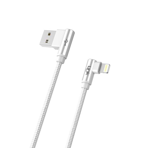 Link Tech K593 Beyaz Gaming 90° 3A Metal Başlı Örgülü 1500mm İphone USB Şarj Kablosu