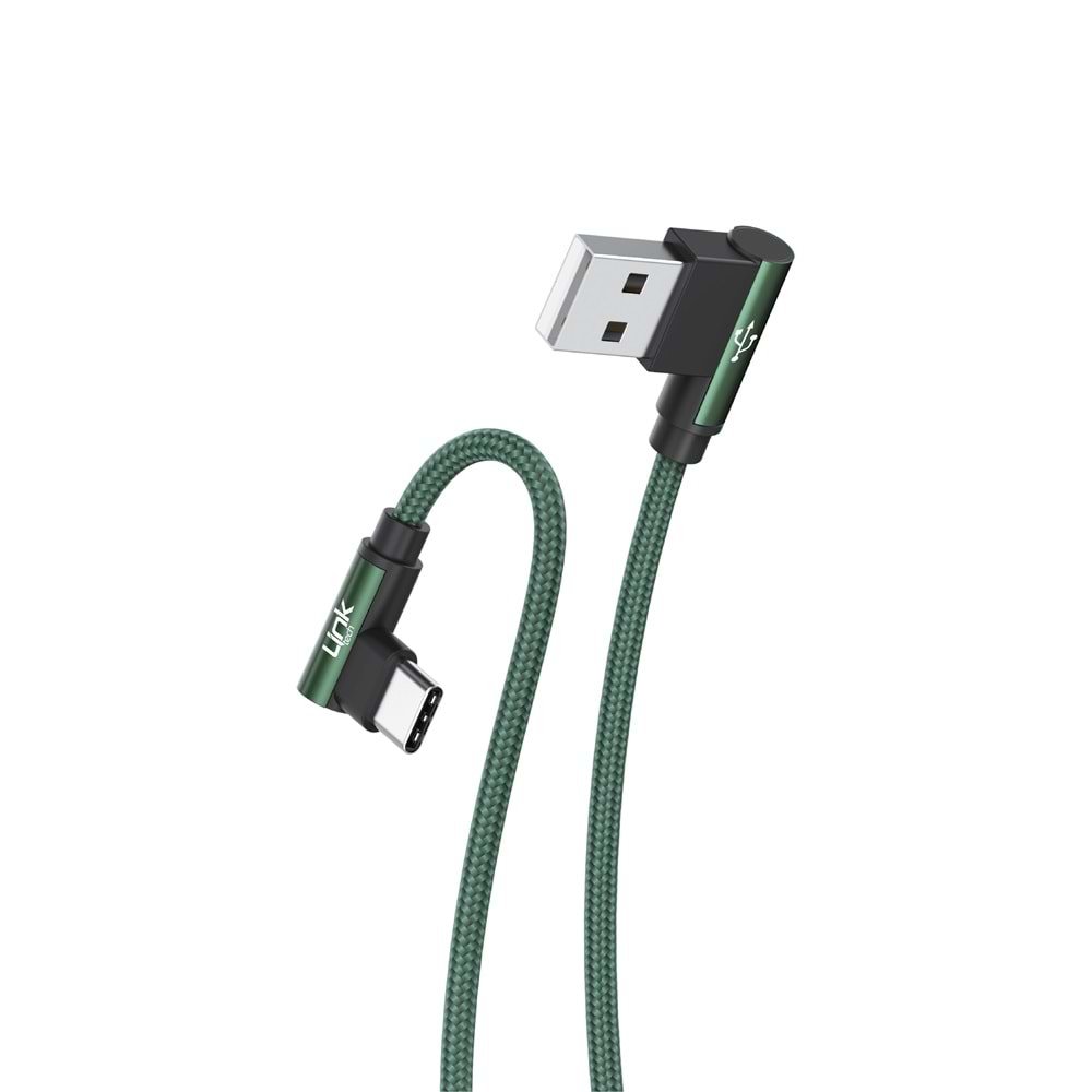Link Tech K594 Yeşil Gaming 90° 3A Metal Başlı Örgülü 1500mm Type-c USB Şarj Kablosu