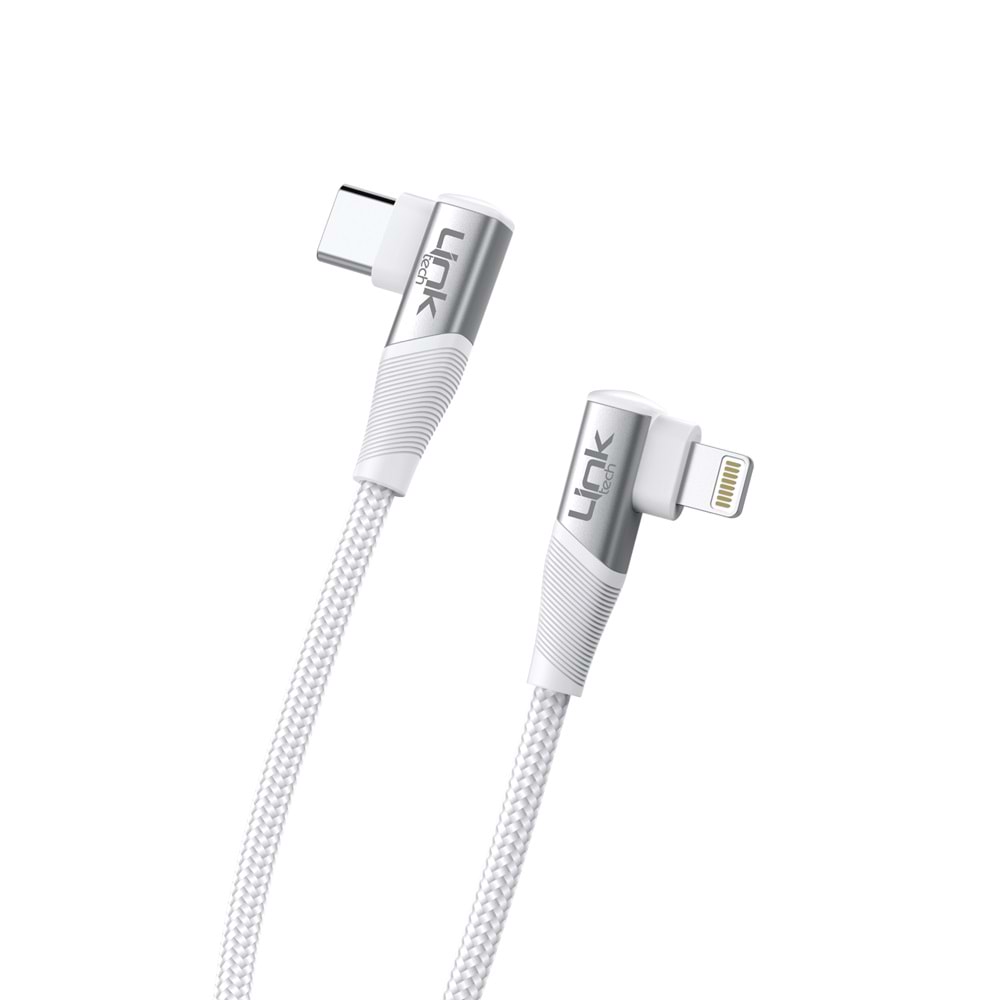 Link Tech K596 Beyaz Gaming 90° 30W Metal Başlı Örgülü 1500mm Type-C Lightning Şarj Kablosu