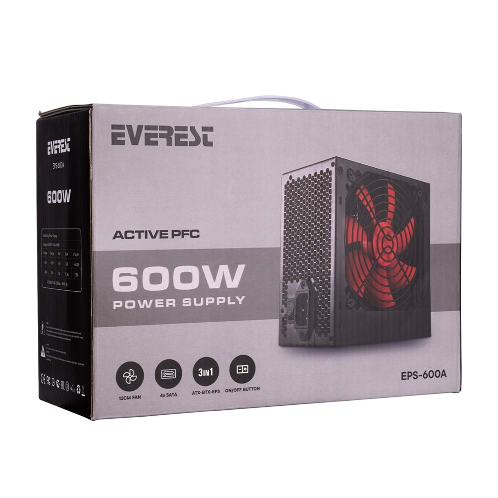 Everest EPS-600A PEAK 600W 12cm Fan 4*SATA Aktif PFC Oyuncu PC Destekli Power Supply