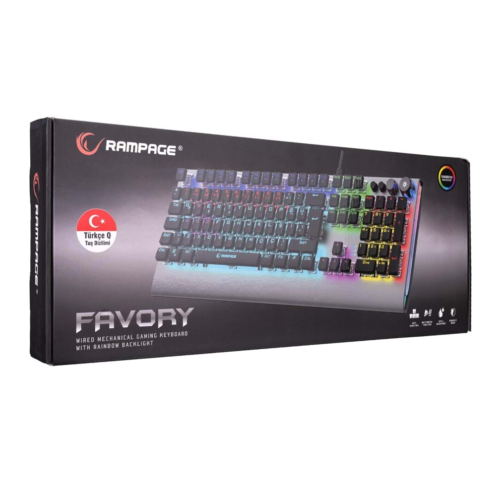 Rampage KB-R210 FAVORY Rainbow Aydınlatmalı Kristal Blue Switch Mekanik Gaming Oyuncu Klavyesi