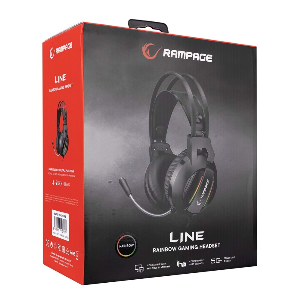 Rampage RM-K71 LINE Siyah 3,5mm + USB Bağlantı Rainbow Aydınlatmalı Oyuncu Mikrofonlu Kulaklık