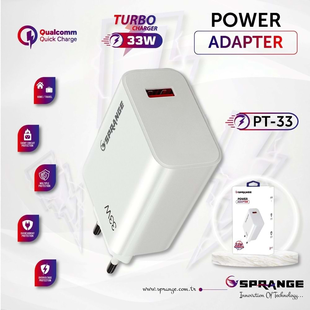 SPRANGE PT-33 33W Max Qualcomm Quick Charge 4.0 USB-A Şarj PD Şarj Başlığı