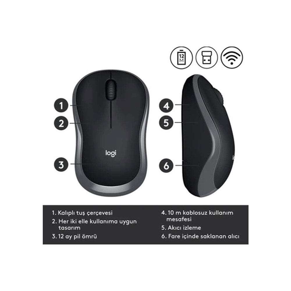 Logitech 910-002235 M185 Gri Kablosuz Mouse Optik 1000 Dpı Buton