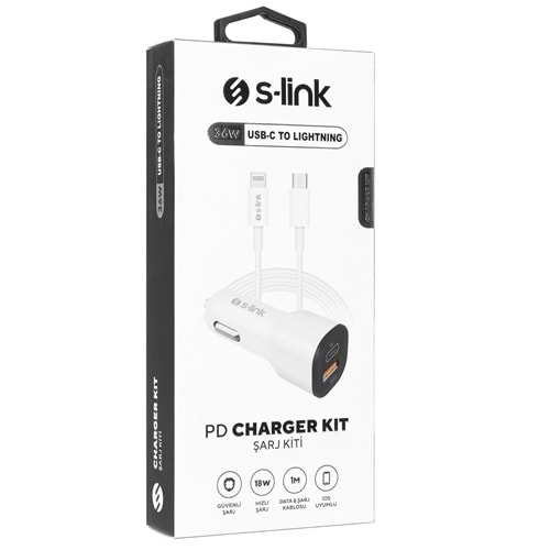 S-link SL-EC35PD 36W PD 3.0 Lightning PD Kablo 3.4A Hızlı Şarj PD 18W + USB QC3.0 Beyaz Araç Şarj Cihazı