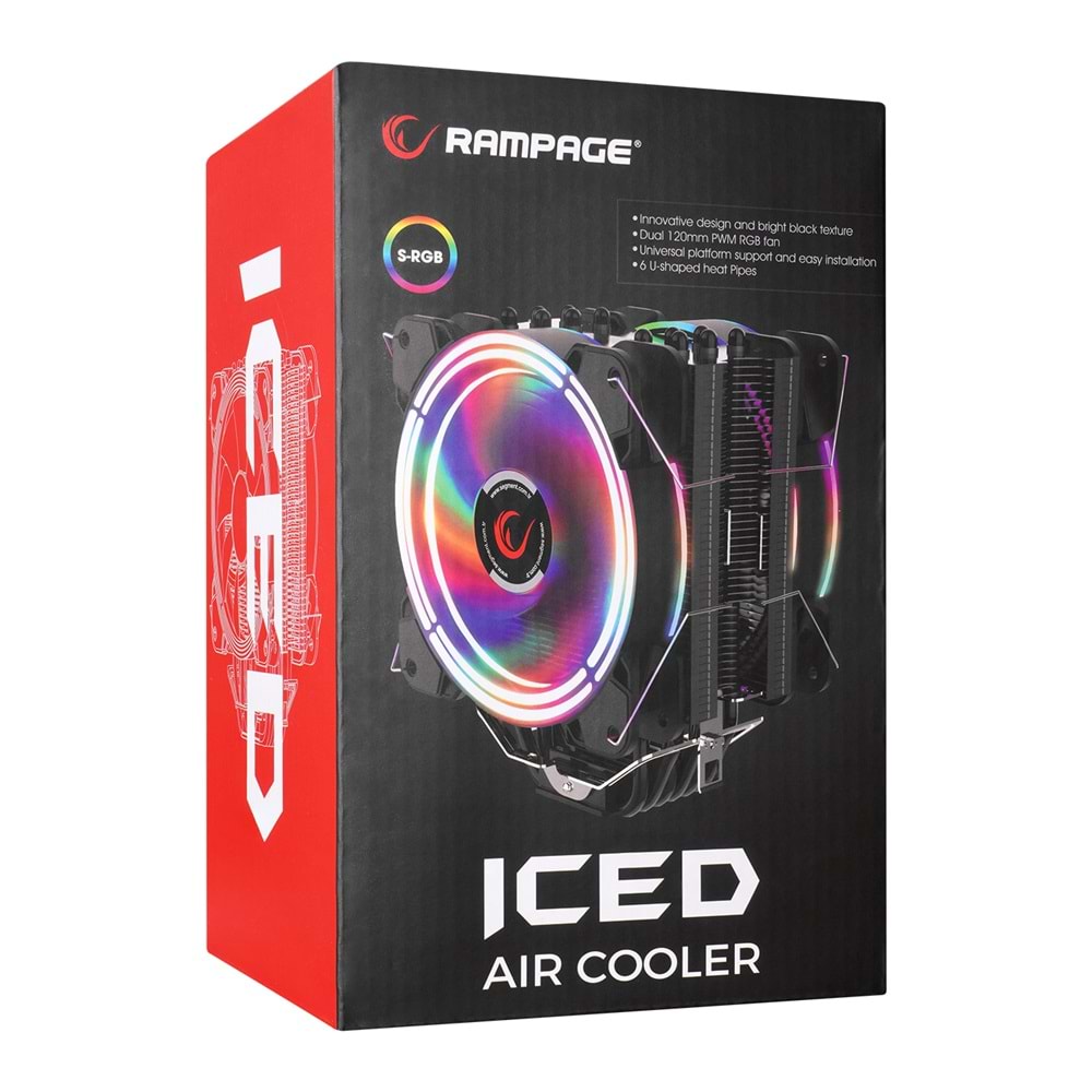 Rampage ICED120-RGB 42.5CFM 2000RPM Çift 12cm AMD/Intel LGA1200 Uyumlu S-RGB Hava Soğutmalı CPU Fan