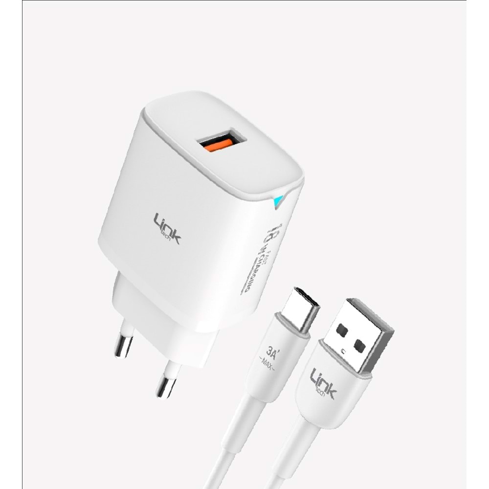 Link Tech C303 Beyaz Safe 18W USB-A Tip-C Kablolu Hızlı Şarj