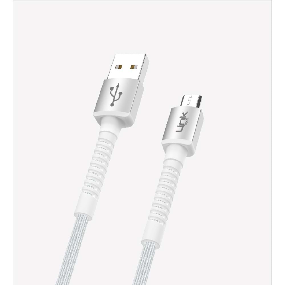 Link Tech K551 Beyaz Safe 2.4A Örgülü Metal Başlı Mikro USB Şarj Kablosu