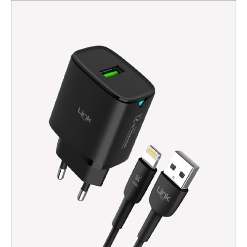 Link Tech C302 Siyah Safe 12W Lightning Kablolu Hızlı Şarj
