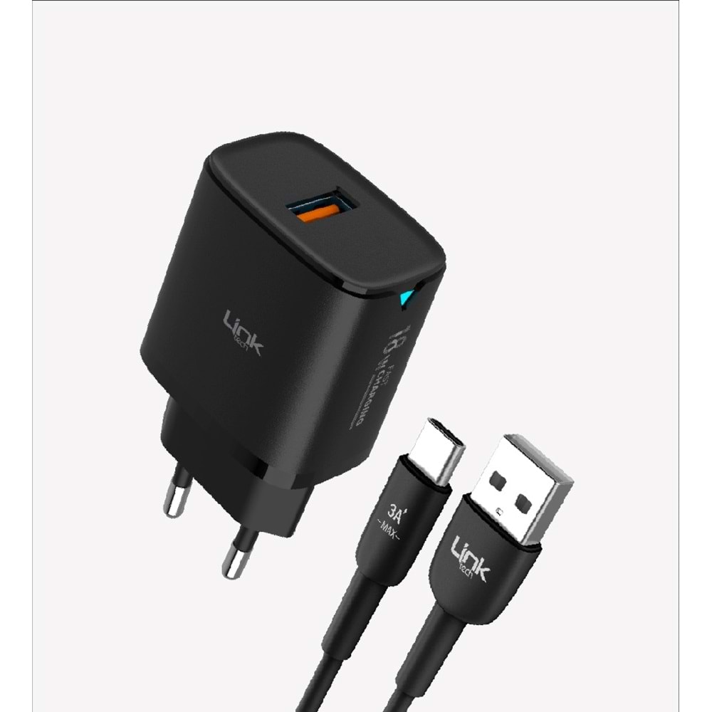 Link Tech C303 Siyah Safe 18W USB-A Tip-C Kablolu Hızlı Şarj