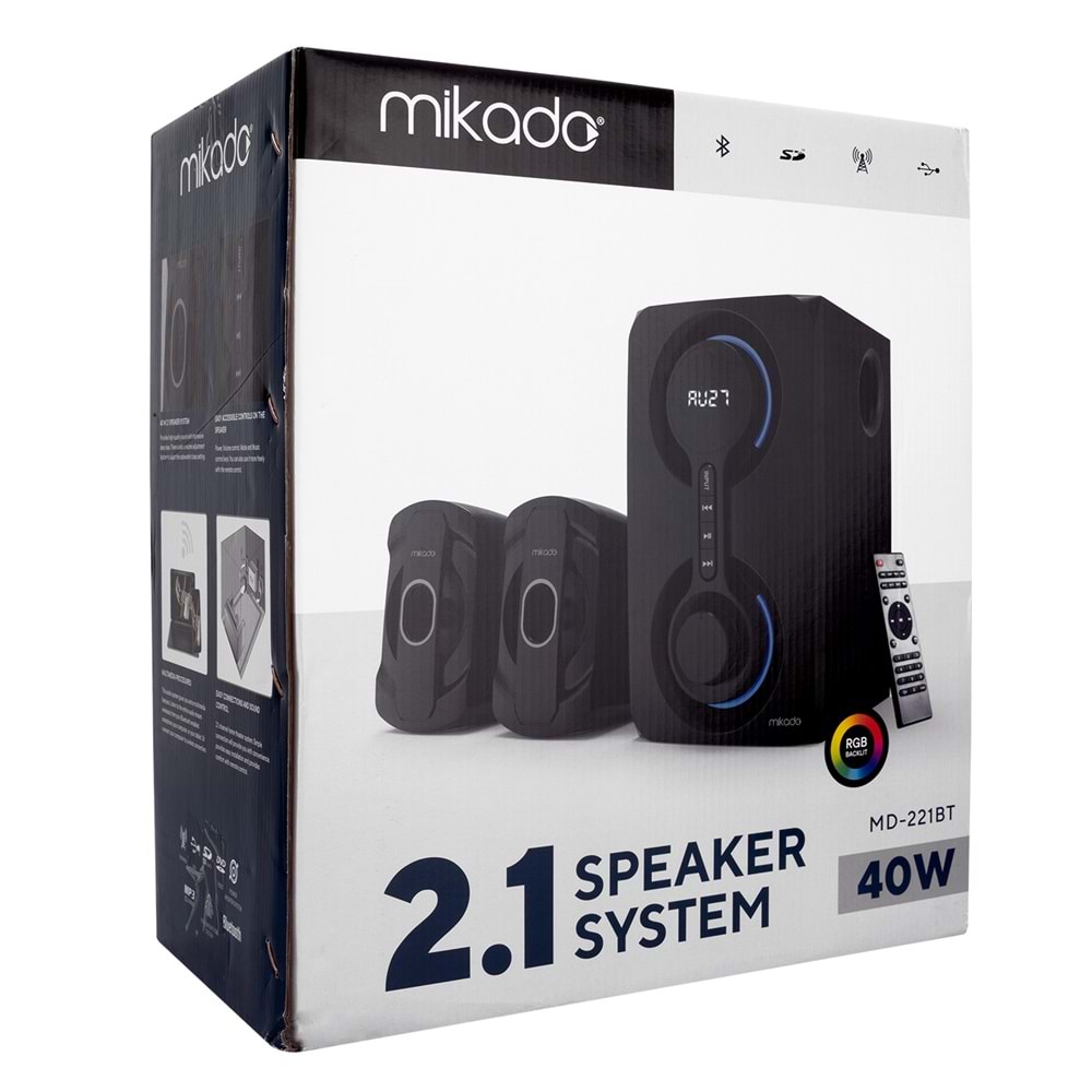 Mikado MD-221BT 2+1 40W Siyah Multimedya FM/BT/SD/USB Speaker Hoparlör