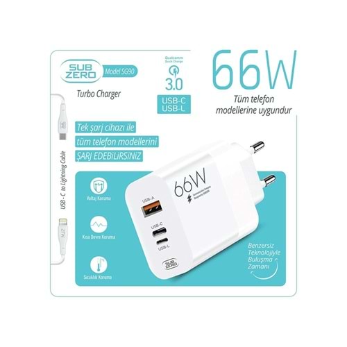 Subzero SG90 66W Usb+PD+Ligtning Girişli Turbo Şarj Aleti