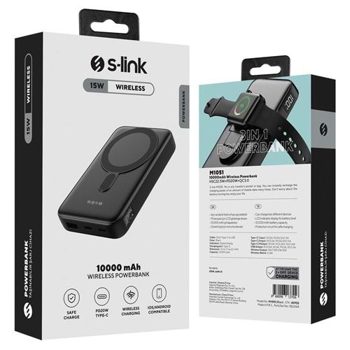 S-link M1051 10000mAh Magsafe 15W + Watch 2.5W HSC22.5W+PD20W+QC3.0 Siyah LCD Taşınabilir Şarj Cihazı Powerbank