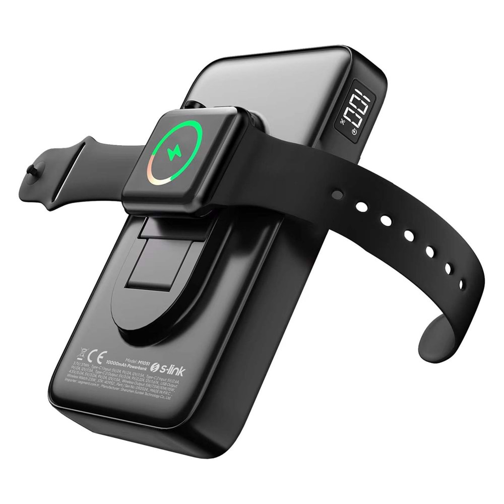 S-link M1051 10000mAh Magsafe 15W + Watch 2.5W HSC22.5W+PD20W+QC3.0 Siyah LCD Taşınabilir Şarj Cihazı Powerbank