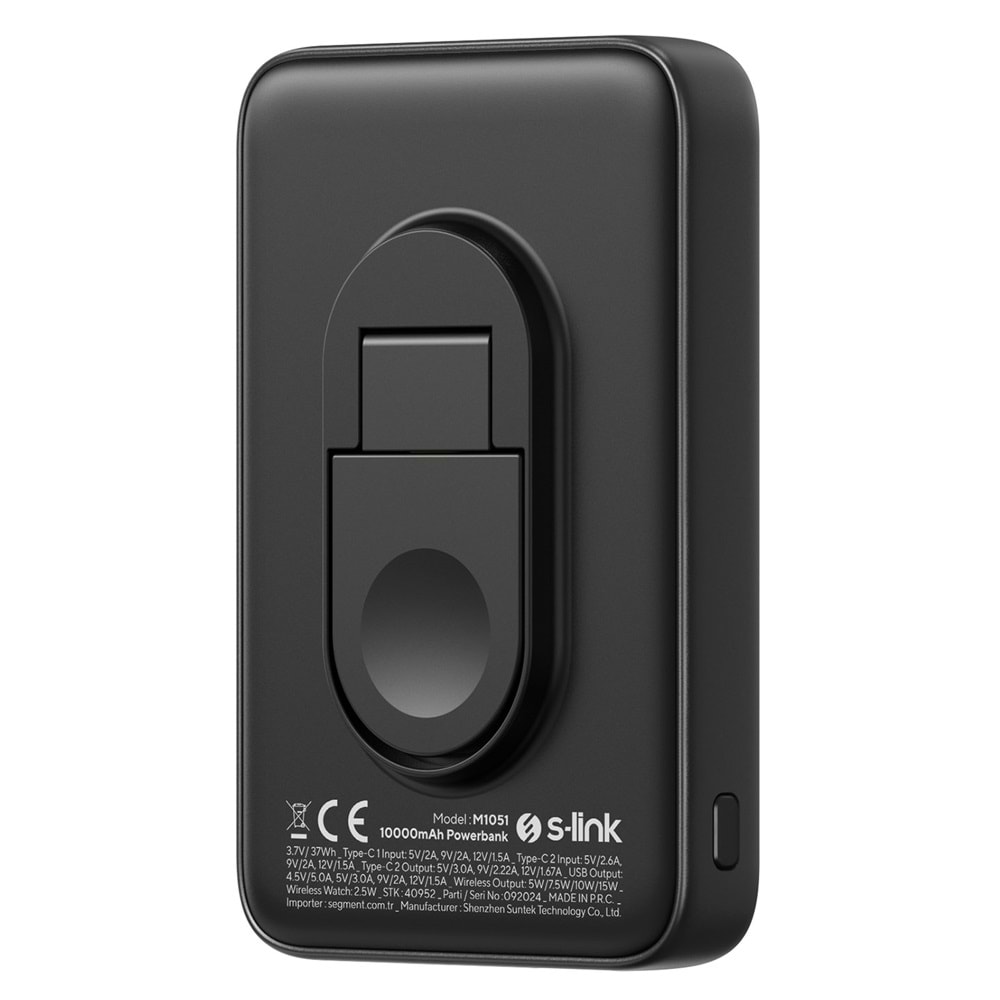 S-link M1051 10000mAh Magsafe 15W + Watch 2.5W HSC22.5W+PD20W+QC3.0 Siyah LCD Taşınabilir Şarj Cihazı Powerbank