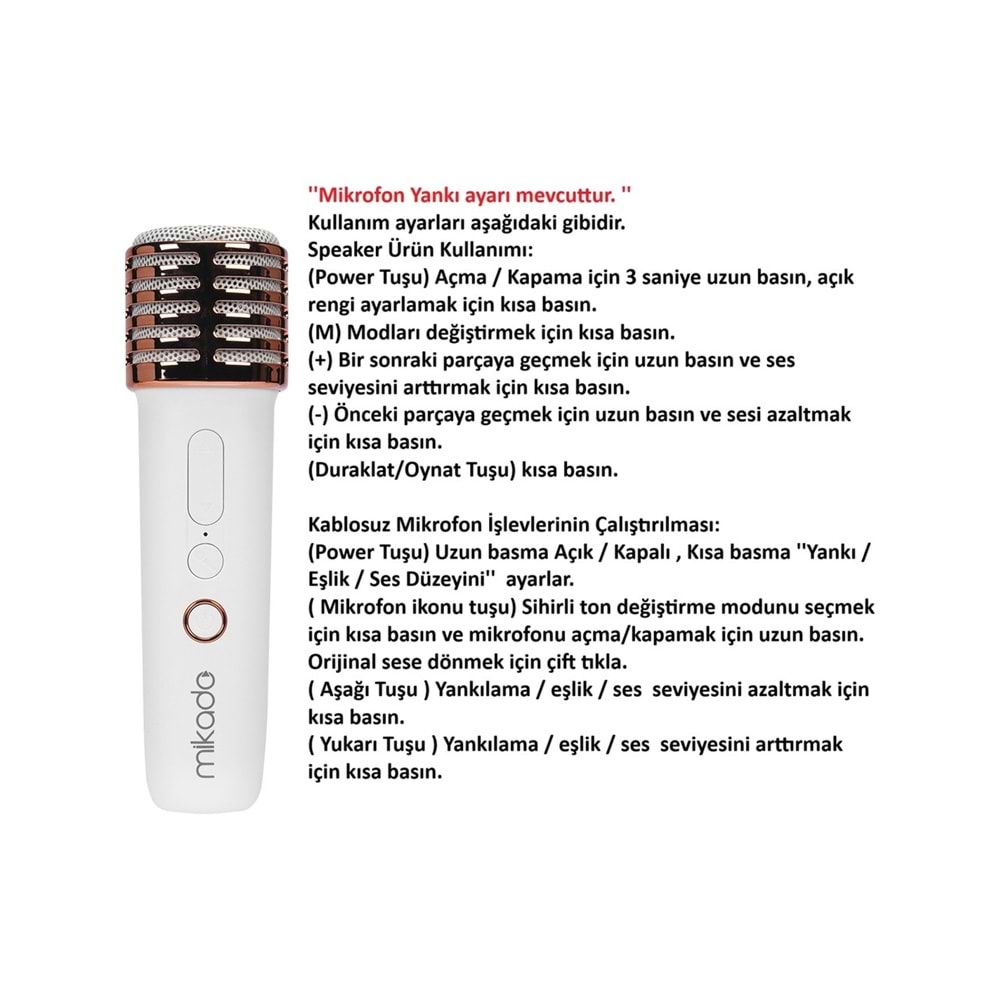 Mikado MD-16BT Favorite Beyaz TF Kart Destekli Bluetooth Wireless Karaoke Mikrofonlu 1200mAh Taşınabilir Speaker