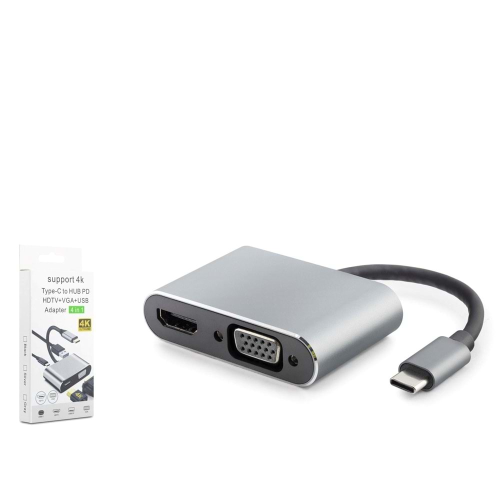 Hadron Hdx7839 Type-C To Hub Hdtv 4K 30Hz + Type-C + Usb + Vga 4In1 Gri