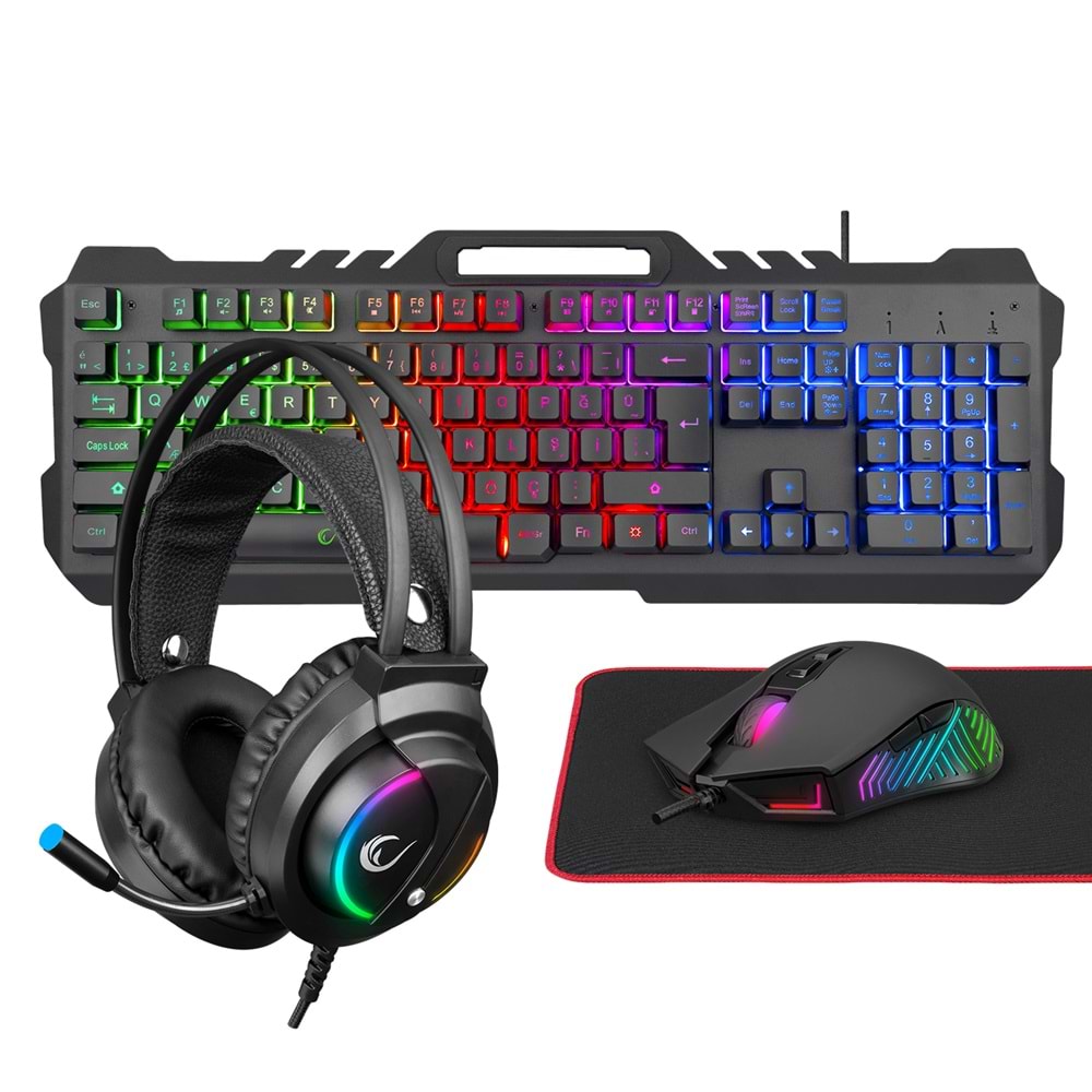 Rampage FITMENT KM-GX7 Gökkuşağı Aydınlatmalı Siyah USB Gaming Combo Mouse + Mousepad + Kulaklık Q Gaming Klavye +