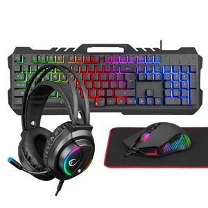 Rampage FITMENT KM-GX7 Gökkuşağı Aydınlatmalı Siyah USB Gaming Combo Mouse + Mousepad + Kulaklık Q Gaming Klavye +