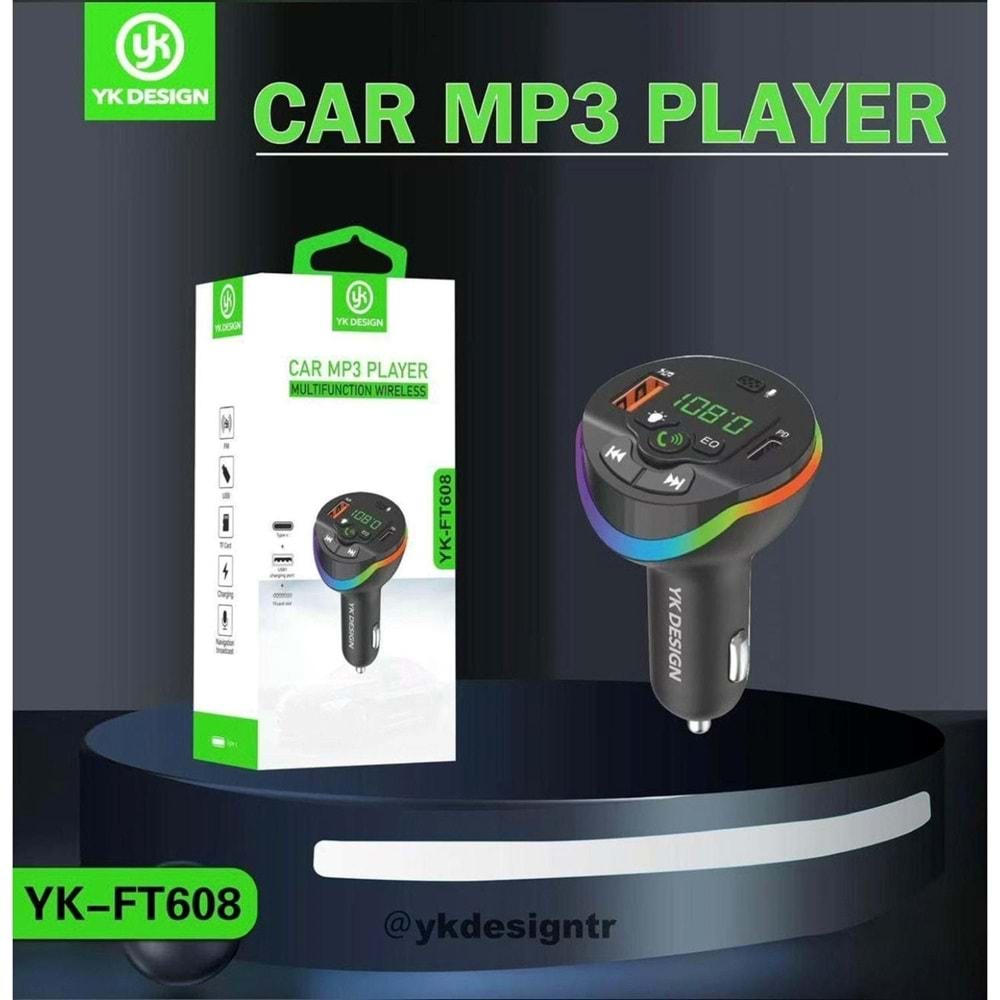 YK Design FT-608 Araç Fm Transmitter Bluetooth Usb Mp3 Sd Kart PD TypeC Şarj