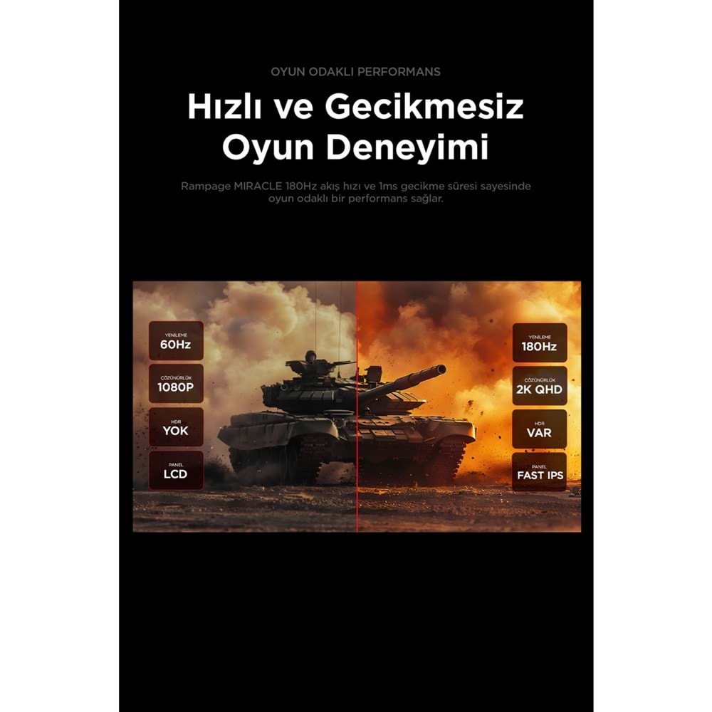 Rampage MIRACLE MC27RQ180 27'' 180Hz 1ms Fast IPS QHD 2K HDR Freesync Pivot PC Flat Oyuncu Monitörü