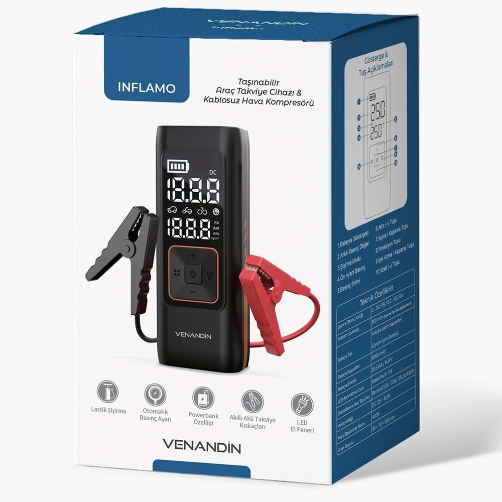 VENANDİN Inflamo Kompresör Akü Takviye Cihazı 12000Mah