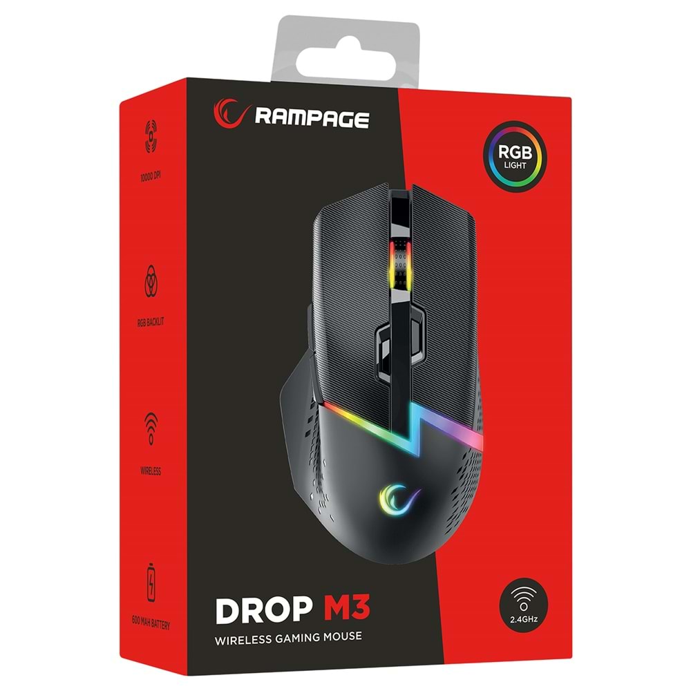 Rampage DROP M3 V2 24000 DPI 3311 Sensor Siyah RGB Şarjlı Kablosuz 80 Milyon Huano Switch Gaming Oyuncu Mouse