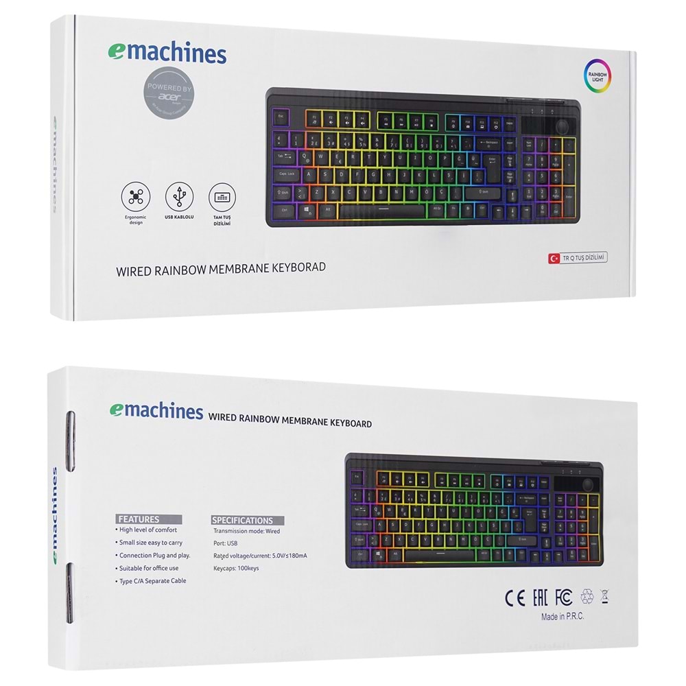 Acer eMachines EAK860 Siyah USB Rainbow Aydınlatmalı Q Standart Kompakt Klavye