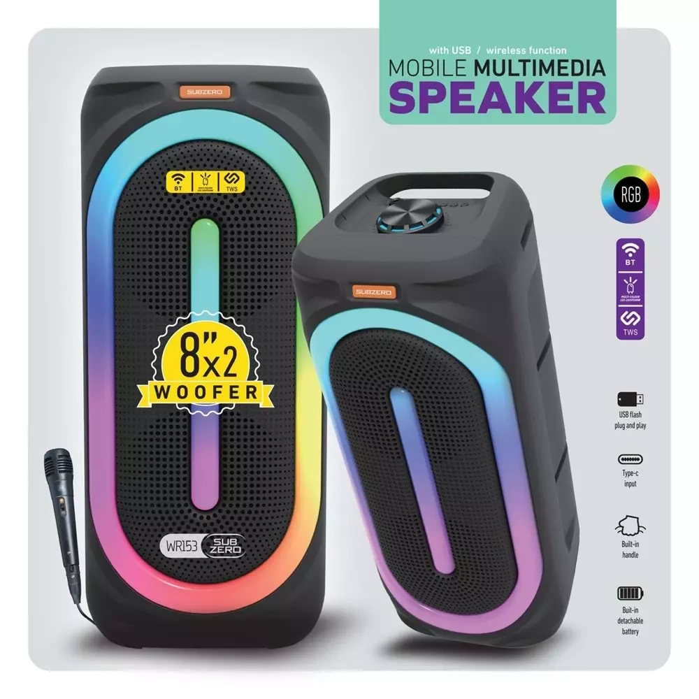 Subzero WR153 RGB Bluetooth/Usb/Sd (TWS Özelliği) 8x2 Müzik Kutusu Kablolu Miktofon