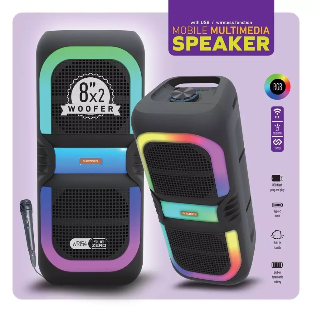 Subzero WR154 RGB Bluetooth/Usb/Sd (TWS Özelliği) 8x2 Müzik Kutusu Kablolu Miktofon