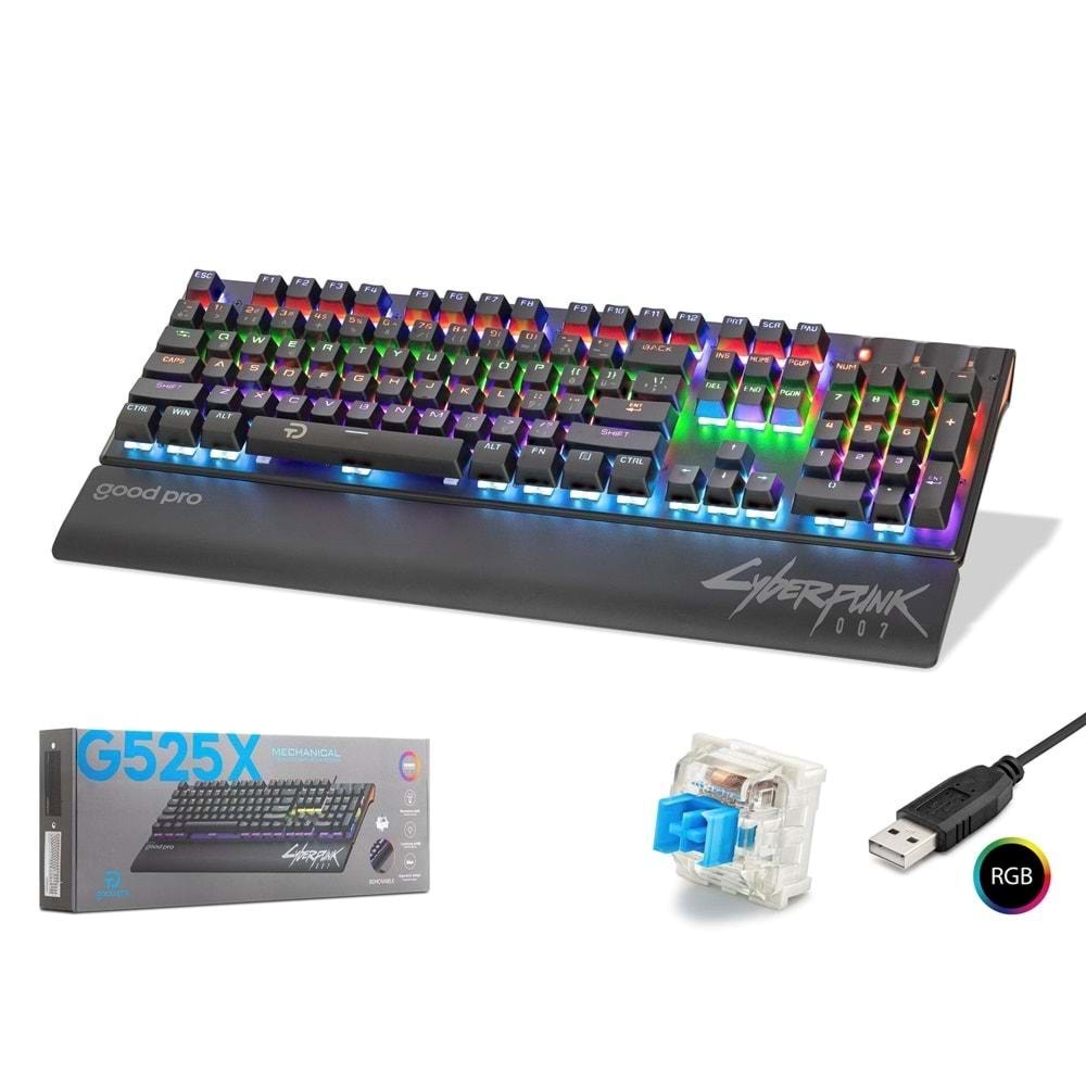 GOOD PRO CYBERPUNK G525XB Mekanik Gaming Klavye Blue Switch Bilek Destekli RGB 104 Tuş Siyah